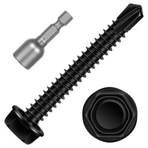 #10 x 1-1/2" Hex Washer Head Self Tapping Screws, TEK Screws, Self Drilling, Stainless Steel 410 Sheet Metal Screws, Black Finish, 100 PCS