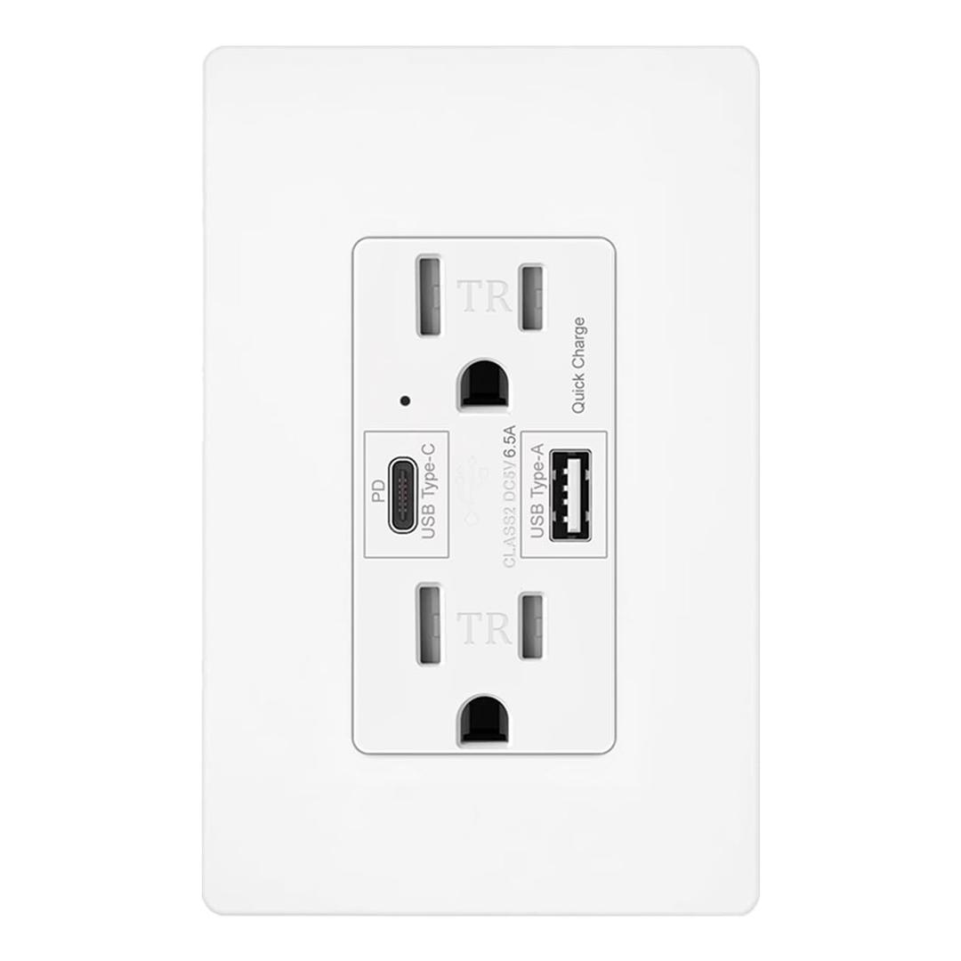 Micmi USB C + A Outlet PD 65W GaN + Power Delivery Receptacle 6.5A with Type A and Type C Ports, 125 Volt Tamper-Resistant for USB-C Cellphone W/Wallplate UL Listed (1Pack, White, 15Amp 65W USB C+A)