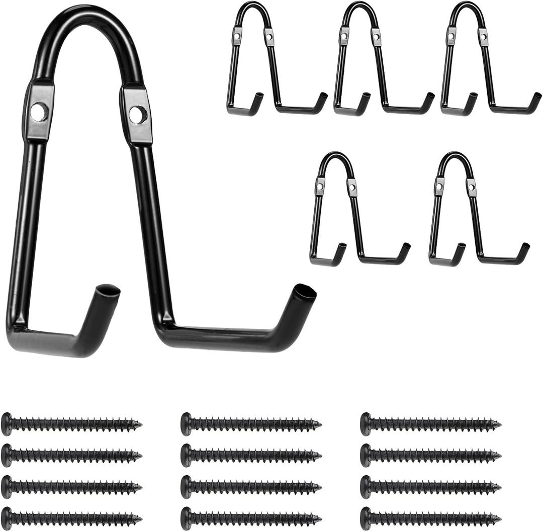 Set of 6 Garage Wall Hooks, Wall Metal Hooks, Double Hooks, Black, Double Garage Hooks for Organizing Ropes, Chairs, Hoses (Model 1)