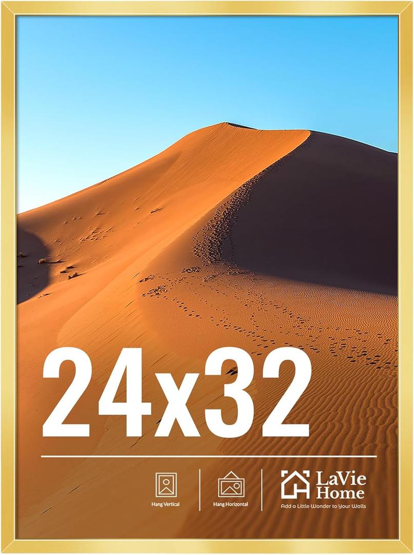 LaVie Home 24x32 Picture Frame for Wall Display, 24x32 Gold Picture Frame with HD Plexiglas, 24 x 32 Poster Frame 1 Pack, Display Frame for Vertical or Horizontal, Classic Collection