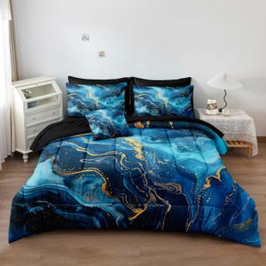 Merryword Blue Gold Marble Comforter Set Queen Size 8 Pcs Bed in a Bag Aesthetic Marble Comforter Set Blue Gold Metallic Bedding Set for All Seasons