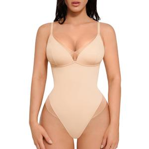 FeelinGirl Shapewear Bodysuits for Women Tummy Control - Deep V Neck Sheer Mesh Double Lined Trendy Thong Body Shaper Tops (XX-Large, Nude)