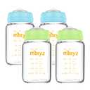 Matyz Glass Breastmilk Storage Containers, 4 Pack, 6 oz Bottle, Fit with Spectra Medela Avent Pump - Wide Mouth Breastmilk Collection and Storage Bottle with Lids - No BPA (2 Green & 2 Blue Lids)