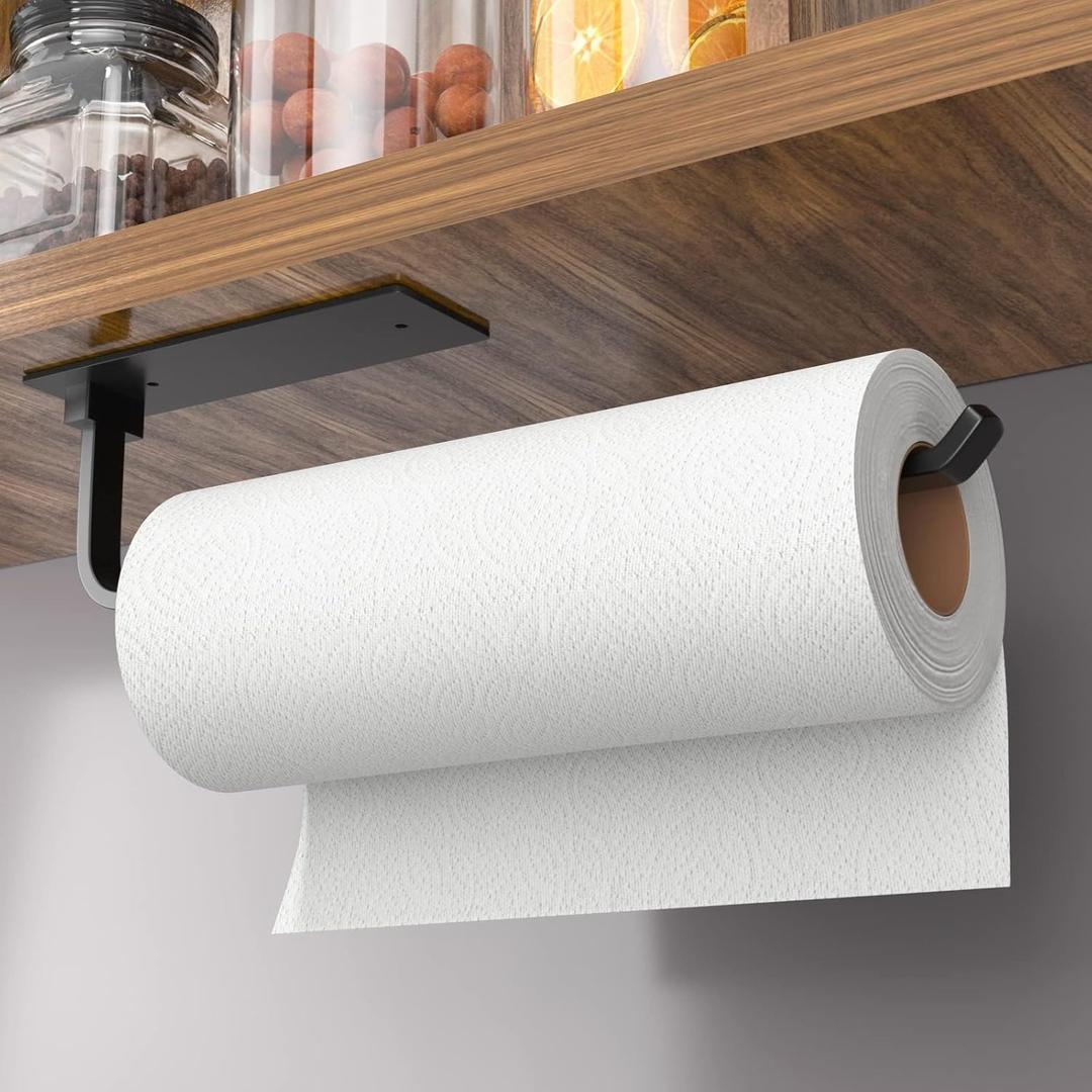 Paper Towel Holder - Self-Adhesive or Drilling, Matte Black, Upgraded Aluminum Kitchen Roll Dispenser Under Cabinet, Lighter but Stronger Than Stainless Steel