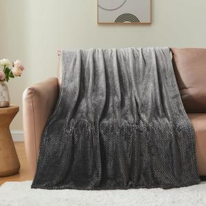 NEWCOSPLAY Super Soft Throw Blanket Ombre Dark Grey Premium Silky Flannel Fleece Leaves Pattern Lightweight Bed Blanket All Season Use (Ombre Dark Grey, Throw(50"x60"))