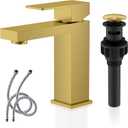 KENES Brushed Gold Bathroom Faucets, Modern Single Hole Lavatory Vanity Faucet, Single Handle Bathroom Sink Faucet Gold, with Pop Up Drain & Water Supply Hoses LJ-9031-4 (Short)