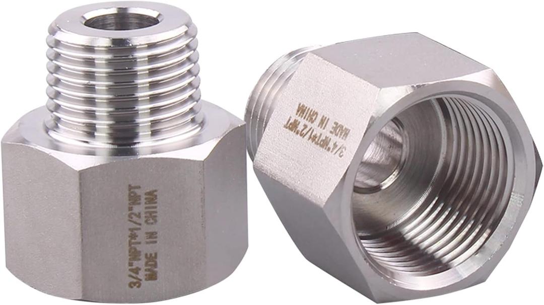 Forged Reducer Adapter Fitting - Stainless Steel 304 Reducing Pipe Connector, 3/4" NPT Female x 1/2" NPT Male (pack of 2)