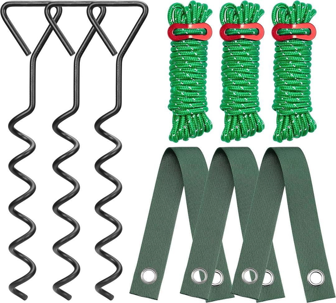 Kingsyard Tree Stakes and Supports for Leaning Trees, 3 Pcs 16 Inch Heavy Duty Spiral Tree Stake Kit for Young Trees Straightening with 3pcs Trees Straps & 3pcs 13ft Anchor Ropes, Anti Strong Wind