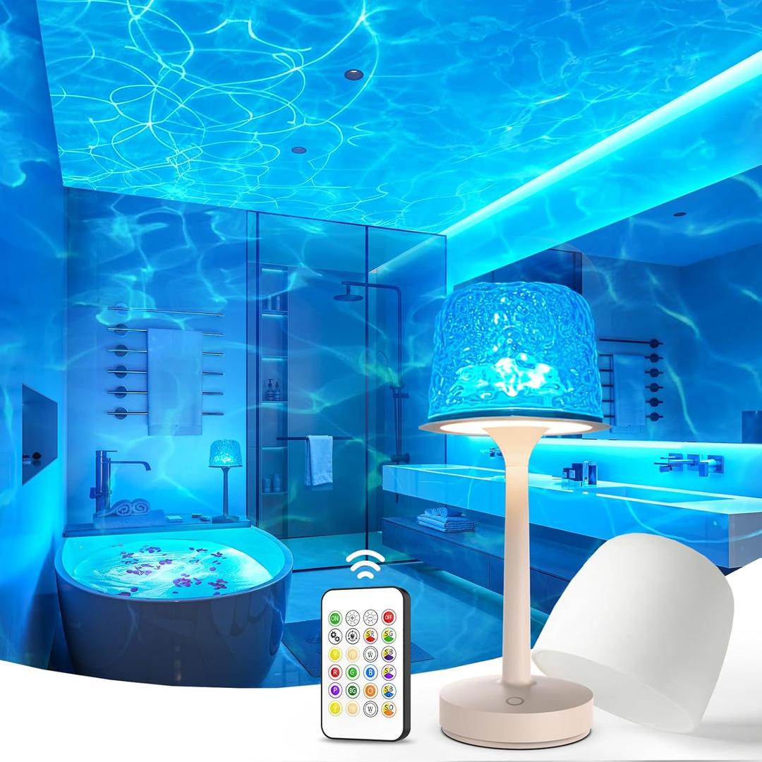 IP65 Waterproof Shower Lamp for Inside Shower, Outdoor Patio Cordless Rechargeable Table Lamp, RGB Ocean Wave Projector, Battery Operated Small Touch Lamps for Kitchen Counter Nightstand Desk Bathroom
