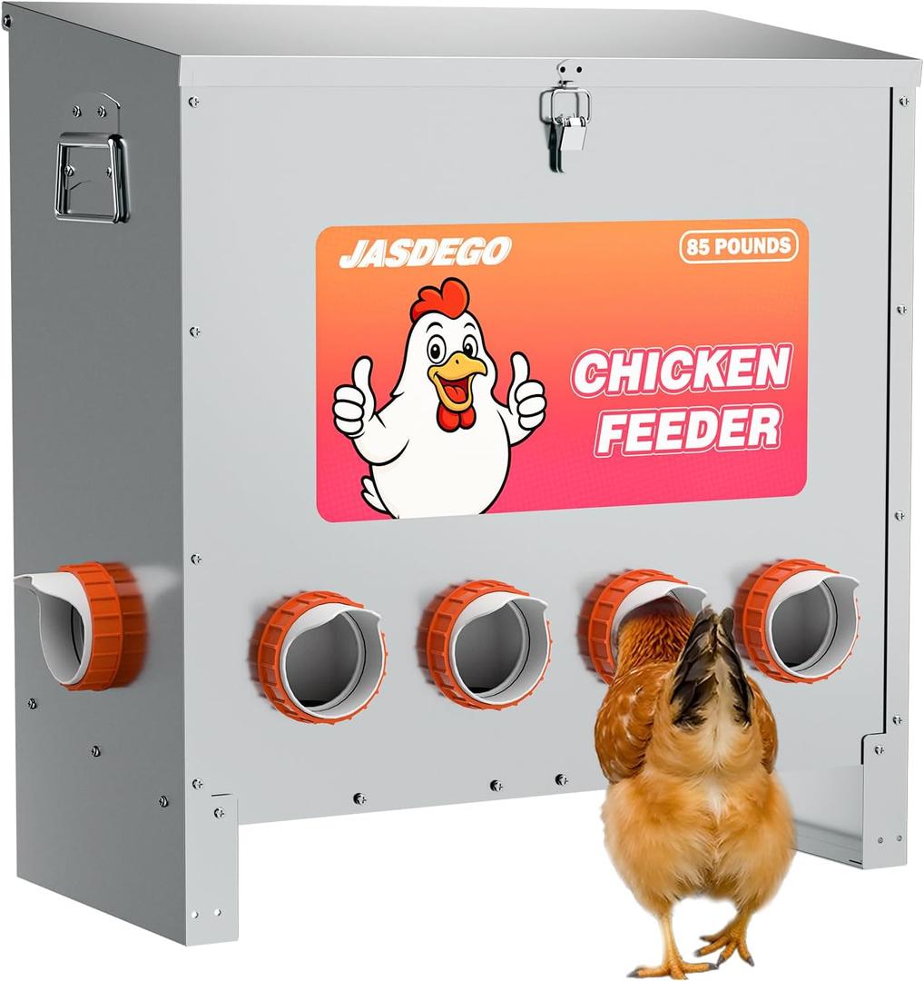 6 Ports Automatic Chicken Feeder 85 Pounds Large Gravity Fed Chicken Feeder with Latch & Handle for Chickens Bantams Pheasants Poultry Coop Weatherproof