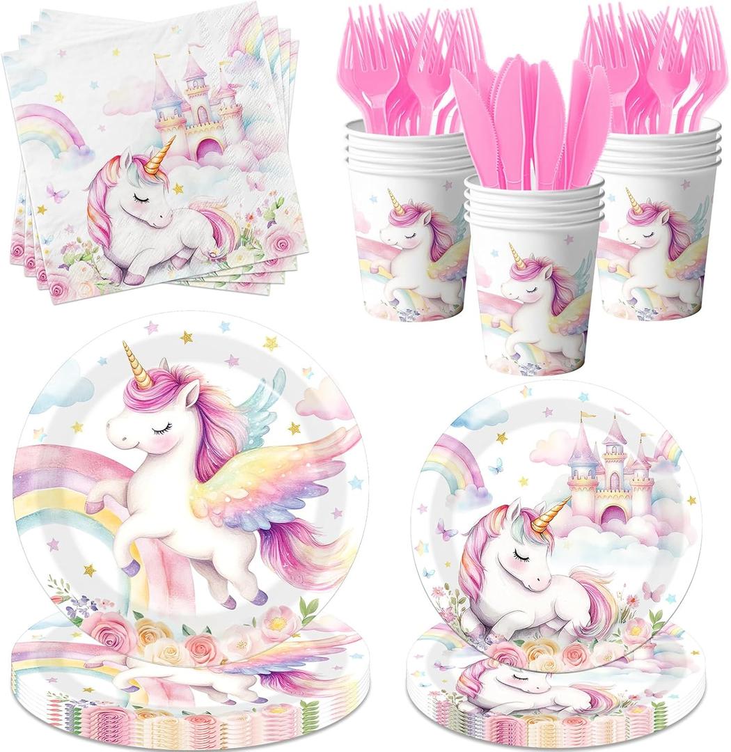 Unicorn Birthday Decorations,144pcs Unicorn Plates and Napkins Cups Pastel Rainbow Unicorn Birthday Decorations Tableware for Girl Unicorn Party Supplies, Serves 24