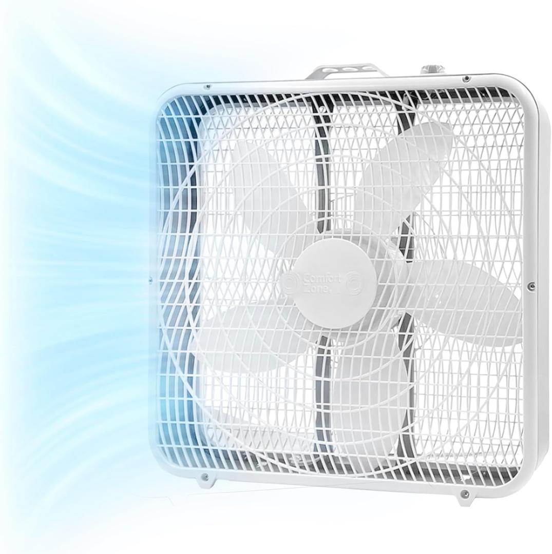 Comfort Zone Box Fan with Carry Handle, 20 inch, 3 Speed Full-Force Air Circulation Window Fan, Bedroom Floor Fan with 5 Blades, White Noise Cooling Fan, White Comfort Zone Box Fan with Carry Handle, 20 inch, 3 Speed Full-Force Air Circulation Window Fan, Bedroom Floor Fan with 5 Blades, White Noise Cooling Fan, White