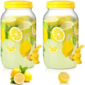 Havawish 2 Pcs 1 Gallon Plastic Beverage Dispenser with Spigot Clear Summer Kitchen Fridge Drink Dispenser for Parties Lemonade Juice Tea Beer Cold Water (Yellow,Circular Column)