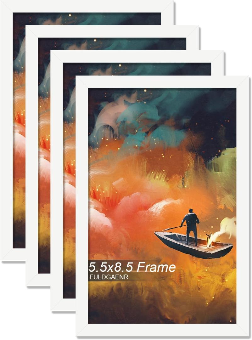 FULDGAENR 5.5x8.5 Picture Frame Set of 4, White Frames for 5.5 x 8.5 Inch Photo Poster Certificate, High Transparency Wall/Tabletop Frame with Horizontal Vertical Display (4 Pack | White | 5.5"x8.5")