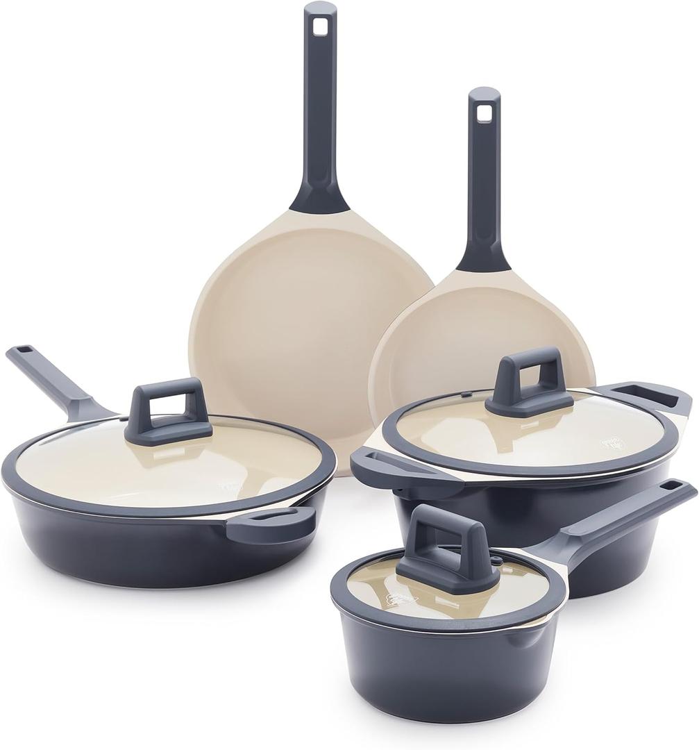 GreenLife Arte 8 Piece Ceramic Nonstick Cookware Pots and Pans Set, Induction Suitable, PFOA & PFAS Free, Stay-Cool Handles, Glass Lids, Stock Saucepans & Frying Pans, Dishwasher Safe, Graphite (8 Piece Cookware Set)