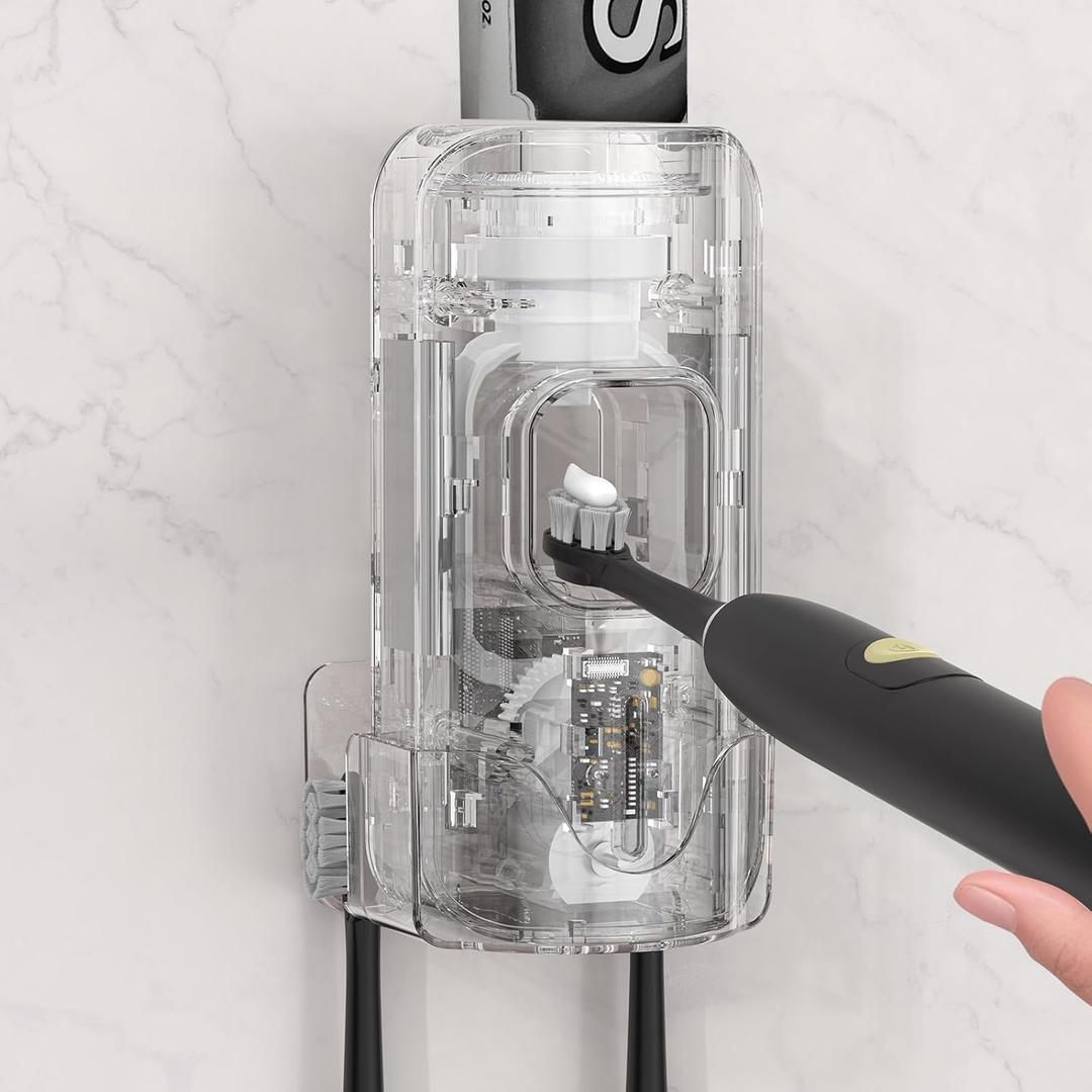 Automatic Toothpaste Dispenser Wall Mounted - Hands-Free Toothpaste Squeezer with 3 Speed Settings, 2 Toothbrush Holders & Strong Adhesive - Smart Bathroom Organizer for Kids and Adults (Transparent)