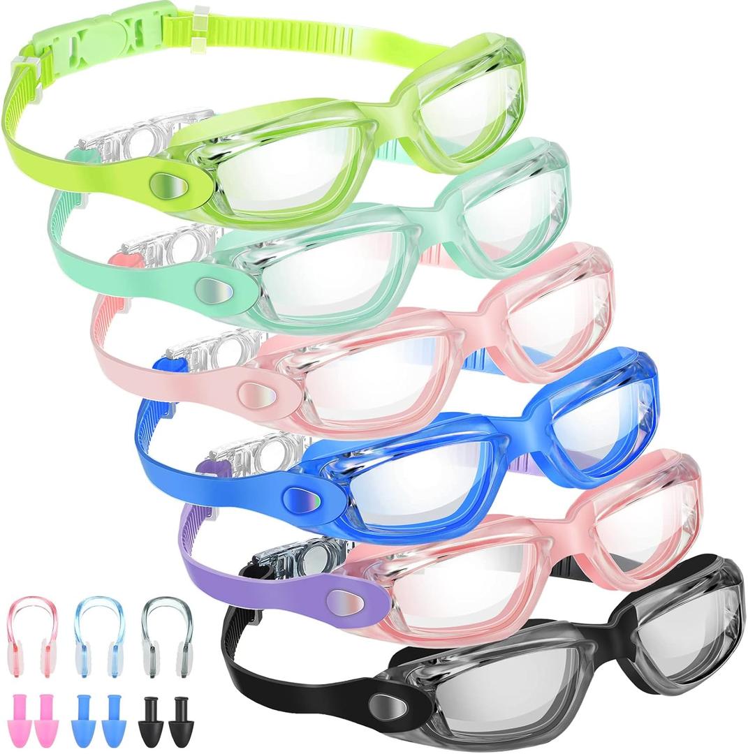 Flutesan 6 Pack Swim Goggles for Adult Anti Fog Swimming Glasses with Ear Plugs Nose Clip No Leaking Full Protection Goggles (6.3 x 1.6 inches/ 16 x 4 cm, Fresh Color)