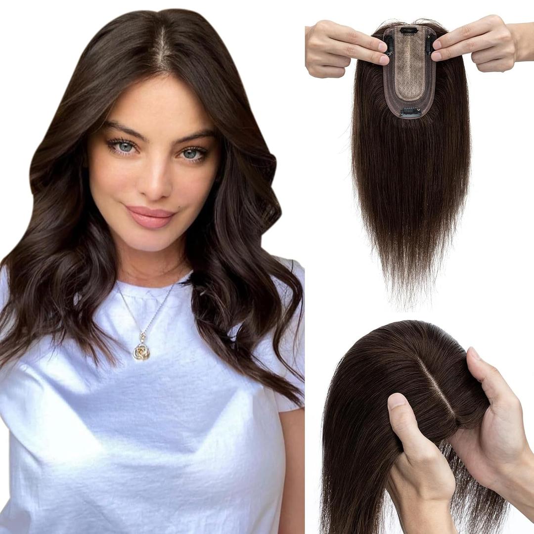 Elailite Hair Toppers for Women Real Human Hair Topper Thinning Thin 5.1"x2.8" Silk Base Clip in Remy Hairpieces 10 Inch Dark Brown