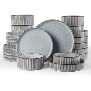 Famiware Star 24-Piece Stoneware Dinnerware Sets, Service for 6 - Shallow Pasta Bowls & Flat Plates, Modern Rustic Reactive Glaze Dishes, Chip/Scratch Resistant, Microwave/Dishwasher Safe, Smoky Blue