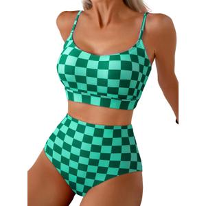Herseas 2 Piece High Waisted Bikini Set for Women 2026 Spaghetti Straps Swim Top with Reversible Bottom Bathing Suit (Small, Green Checkerboard)