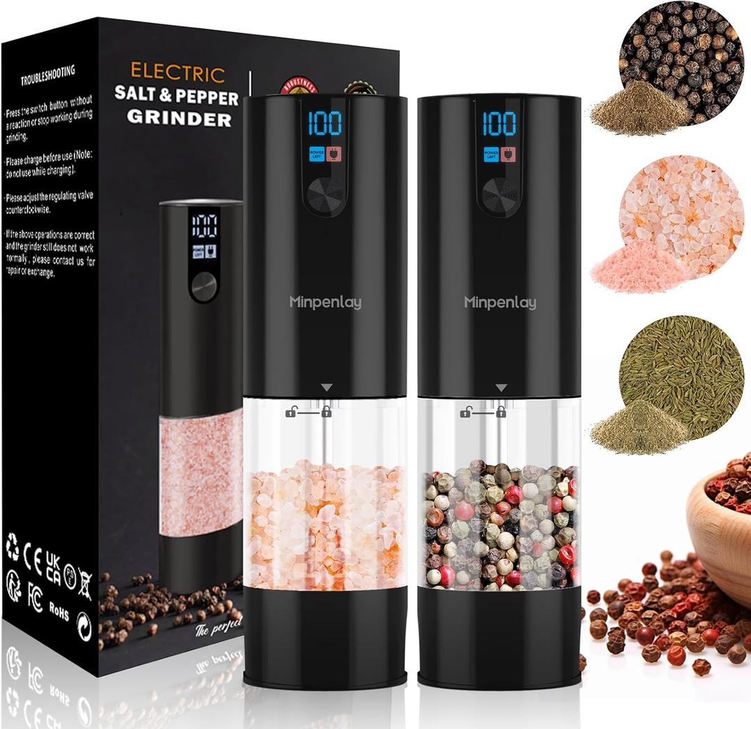Electric Salt and Pepper Grinder Set Rechargeable with LED Display, Adjustable Coarseness, 120ml Container Automatic Pepper and Salt Grinder for Kitchen, Restaurant (Bright Black - 2Pack)