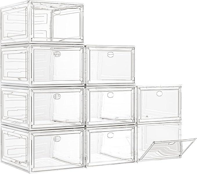 7 code Large Clear Shoe Boxes Organizer【Thicker Material】 Stronger Shoe Box with Magnetic Door, Stackable Shoe Storage Box for Closet, Foldable SpaceSaving Storage Bins Shoe Cabinet, White 9 Pack