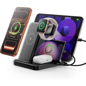 Multiple Devices Charging Station, 5-in-1 Charging Station for iPhone 17 Pro Max/Pro/16/15/14/13/12, iPad Pro/Air/Mini, Apple Watch and Airpods,Wireless Charging Dock(G805) (Black)