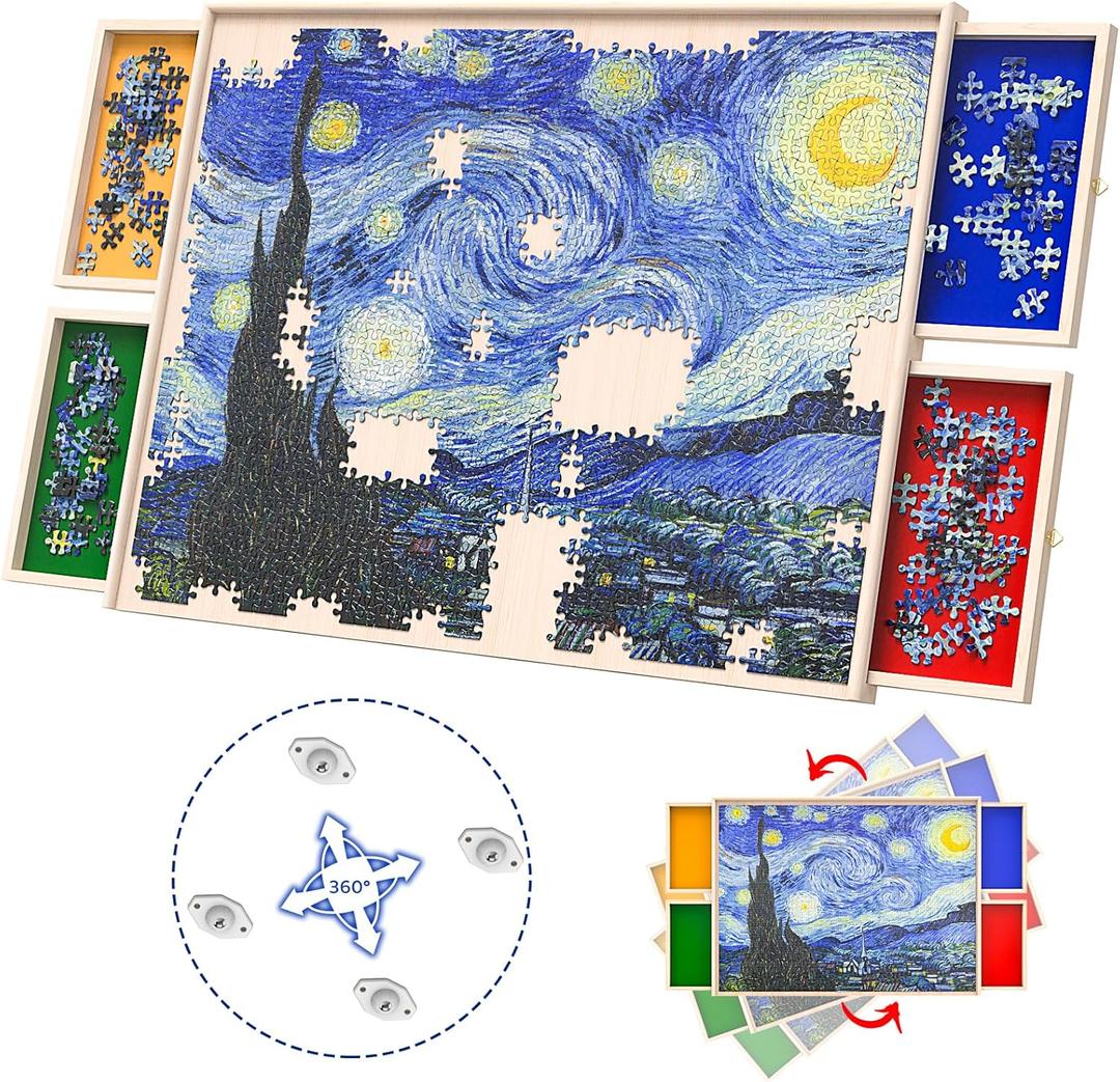 Rotatable 360-Degree Wheels Puzzle Board with Drawers and Cover 1000 Pieces Lightweight Portable Wooden Puzzle Table for Adults Kids Working Area Size 27.56" x 19.69" (Large)