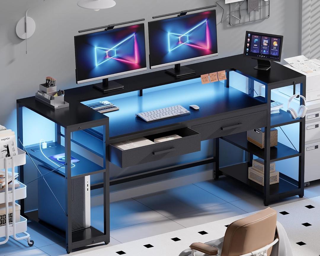 Pamray 58 Inch Gaming Computer Desk with Monitor Stand Drawers and Shelves