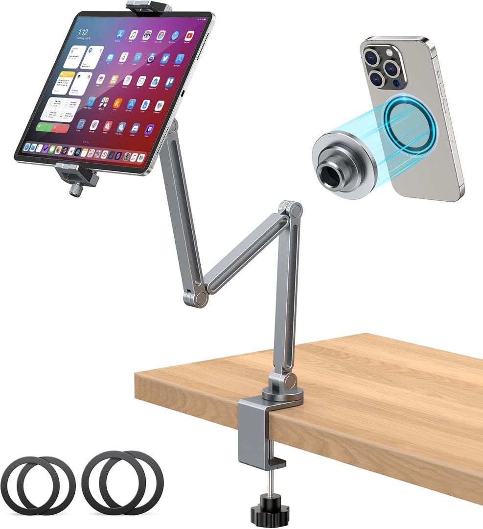 AboveTEK 2-in-1 iPad Stand for Desk, Aluminum iPad Holder Arm with Clamp & Magnetic Ring Head, 360 Adjustable Tablet Stand Holder, Bed Clamp Mount for 4.7"-13" iPads Air/Pro/Mini, Galaxy Tab & Phones