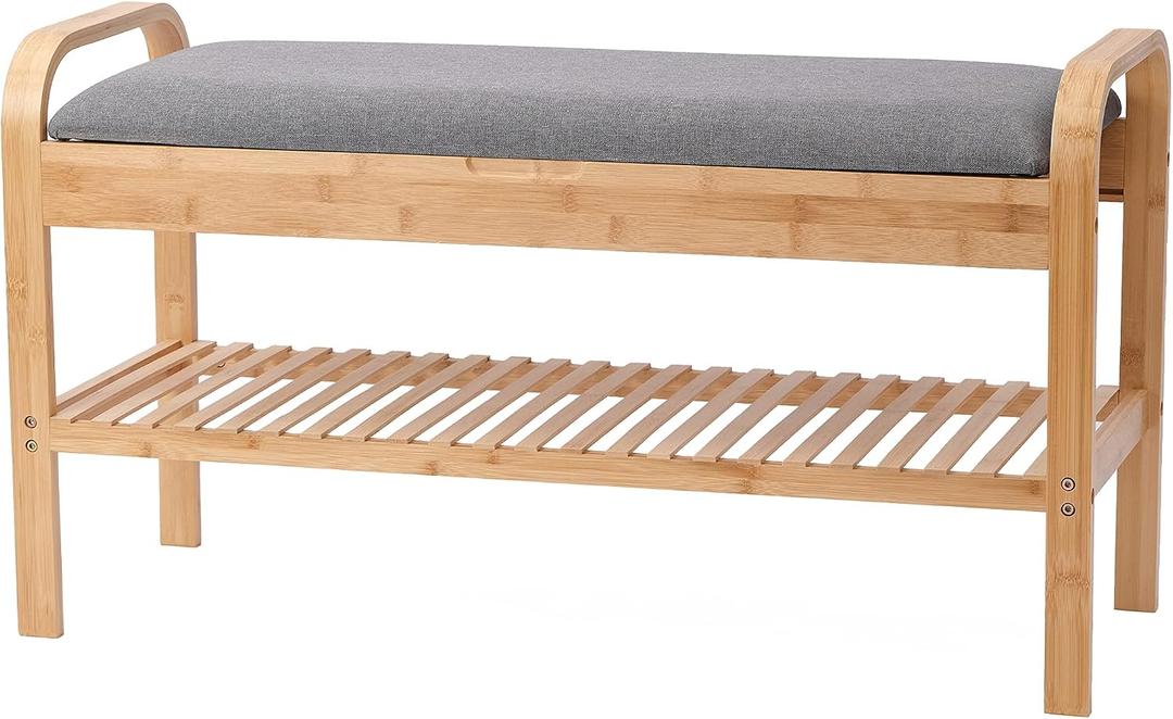 Proman Products Cambridge Bamboo Shoe Bench Organizer with Shoes and Cushion Storage, Natural