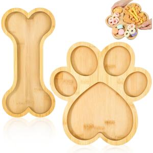 2 Pack Bamboo Serving Trays with Grooves, Wooden Dog Paw Bone Shaped Snack Platters, Wood Candy Dish Bowl Gifts for Holiday Birthday Party Supplies