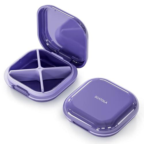 ONTERATE Small Pill Case, Travel Pill Organizer, Small Pill Box, Pill Container for Purse 4 Compartments, Daily Compact Travel Medicine Holder for Vitamins Medication (Purple)