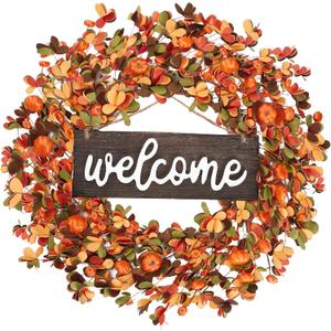 Sggvecsy Fall Wreath 20'' Autumn Front Door Harvest with Small Pumpkin Berry Round Leaves Decorations for Outside Indoor Wall Window Festival Thanksgiving Decor(Orange)