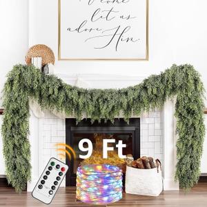 Cedar Christmas Garland with Lights for Mantle - Decorations 9ft Realistic Lighted Faux Pine Garlands for Xmas Home Decoration Indoor Stairs Railing Fireplace Outdoor 9 ft Prelit Garland Door Decor
