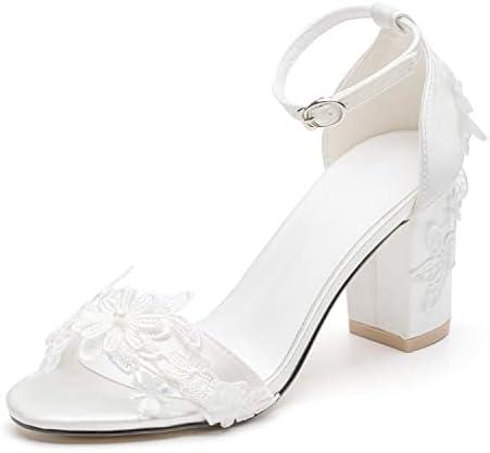 Women's Bridal Shoes Open Toe Mid Block Heel Lace Satin Ankle Strap Comfortable Wedding Dress Pump Sandals Size 40