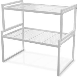 Set of 2 Kitchen Cabinet Organizer Shelf Stackable Sturdy Metal Counter Countertop Pantry Storage Rack (16.6''W, White)