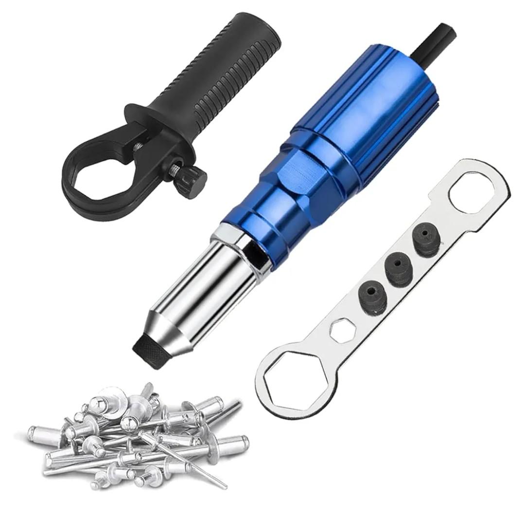 Rivet Gun Adapter Kit, Riveting Gun Head Tool for Cordless Drill, with 4 Rivet Head/Removable Handle/100pcsx4.0mm Studs (Blue)
