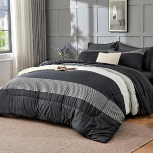 Andency Queen Comforter Set 7 Pieces Bed in a Bag - Black White Grey Striped Lightweight Soft All Season Queen Size Bedding Set with Comforter, Fitted & Flat Sheet, Pillowcases & Shams