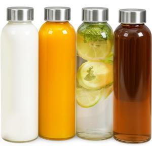 Epica 18-Oz Glass Water Bottles with Lids, Juice Bottles - BPA Free & Eco-Friendly Reusable Refillable Bottles for Juicing, Set of 4 - Clear