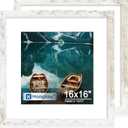 Hongkee 16x16 Frame Set of 2, Distressed White Wood Style - Display Square 12 x 2 with Mat or 16x16 without Mat, Wall Mounting Horizontal and Vertical