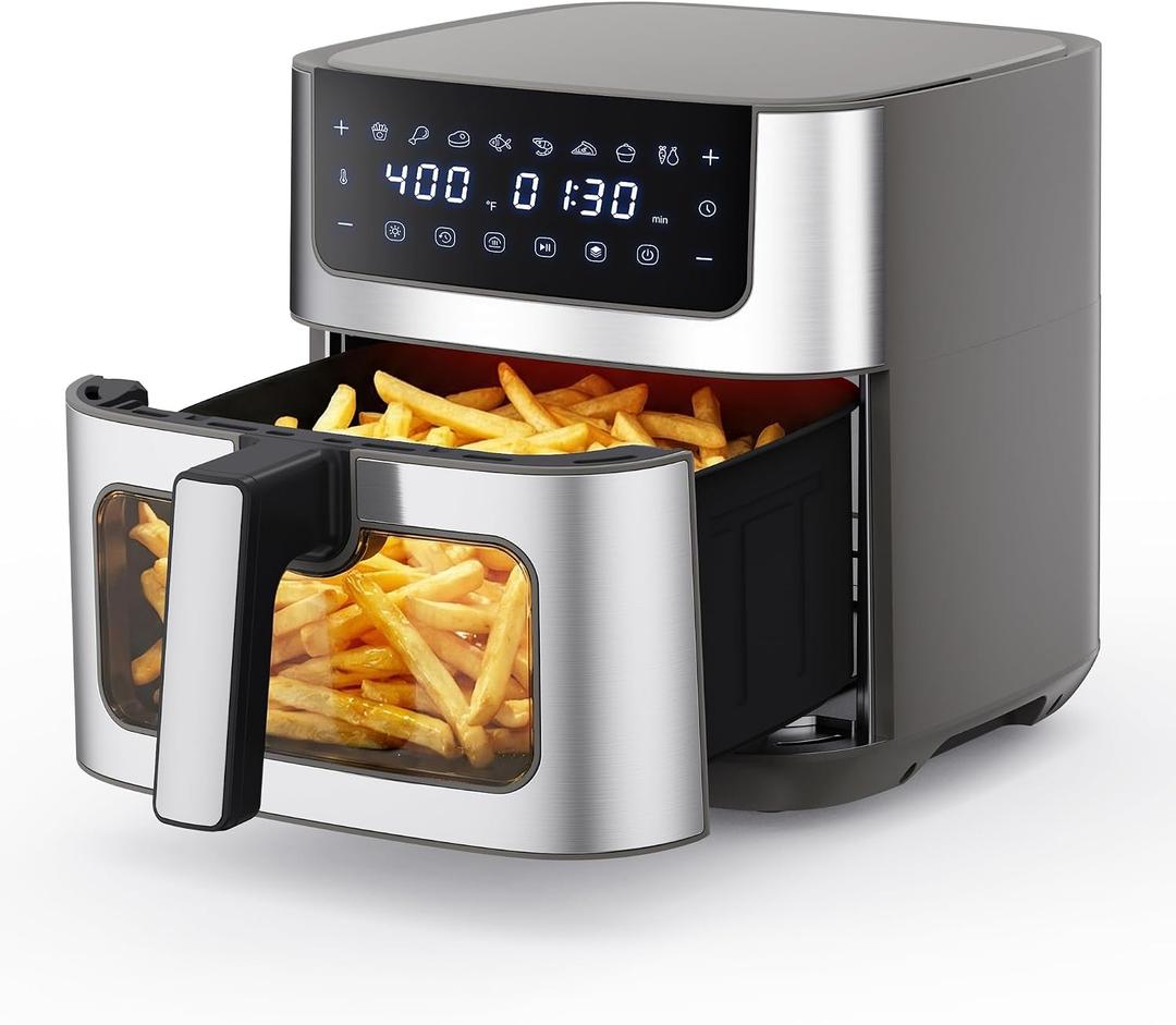 NEWBULIG Air Fryer 6.34QT, Airfryer with Visible Window, 400 Fast Heating Air Fryers Oven with Nonstick and Dishwasher-Safe Basket, 8-in-1 Cooking Preset, TimerAuto-Off, Stainless Steel, Grey