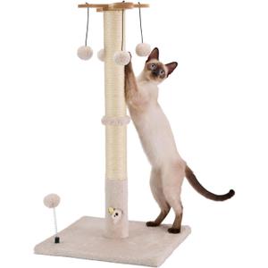 PAWSFANS Cat Scratching Post for Indoor Cats and Kittens,30inches Tall Sisal Scratch Posts with Four Hanging Ball Toys and Reinforce The Stable Base Beige