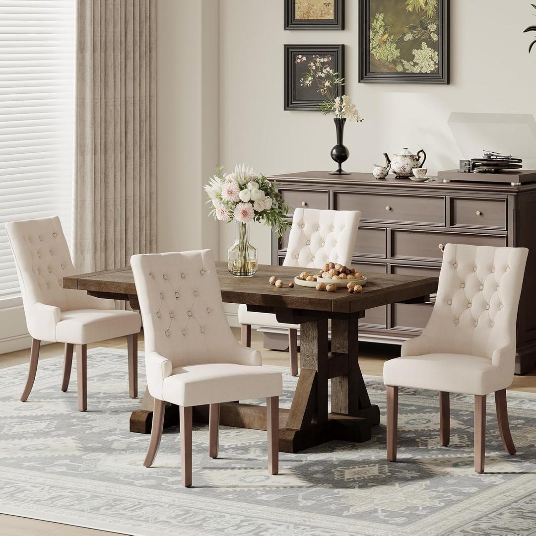 COLAMY Fabric Side Dining Chairs Set of 4, Wingback Upholstered Dining Room Chairs with Tufted Button, Living Room Chairs for Home Kitchen, Beige