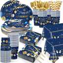 Funnymoom 452 Pcs Retirement Party Decorations Supplies Set Include Blue Gold Retirement Paper Plates Napkins Cups Tablecloth Cutlery Straws for Men Women Say Goodbye Party