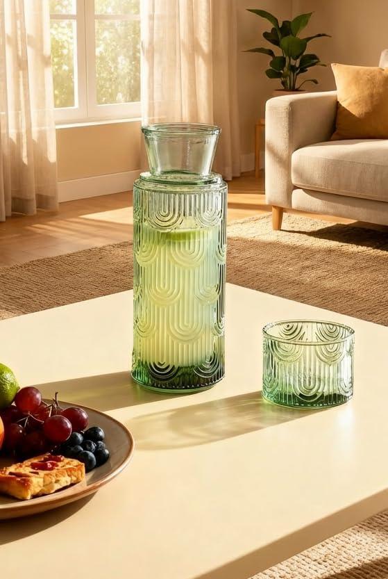 Mouthwash Dispenser for Bathroom, 21.6Oz Vintage Glass Water Carafe Set with 6Oz Tumbler Lid, Bedside Carafe for Guest Rooms, Office Nightstand, and Home Dcor-Green