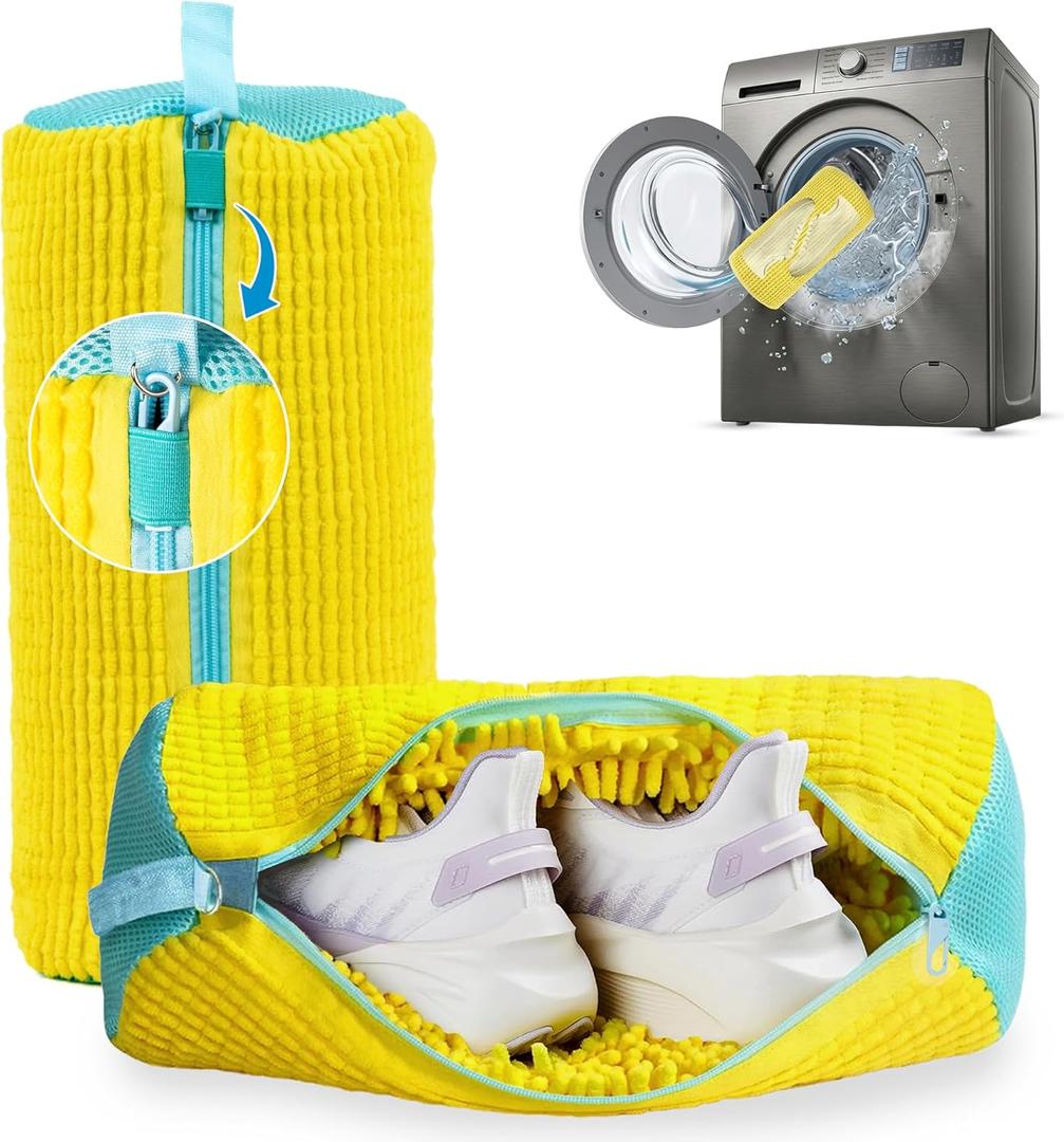 Shoe Washing Machine Bag 2 Pcs Reusable Laundry Shoe Bag, 360 Deep Cleaning Sneaker Washing Bag, Durable Mesh Net with Zipper Protection, Fits All Shoe Types & Sizes (Yellow, 14.8 7.4 Inches)