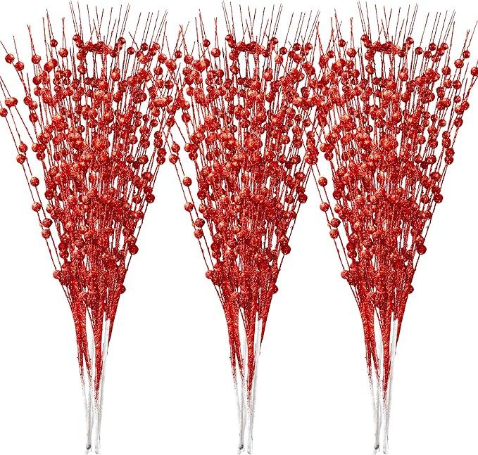 Joiedomi Christmas Tree Berry Stem (Red), Decorative Bead Sticks, Glittery Twigs, Picks, Branches for Christmas Tree, Small Vase, Holiday, Wedding, Party (17 Inches, Red), 13Count