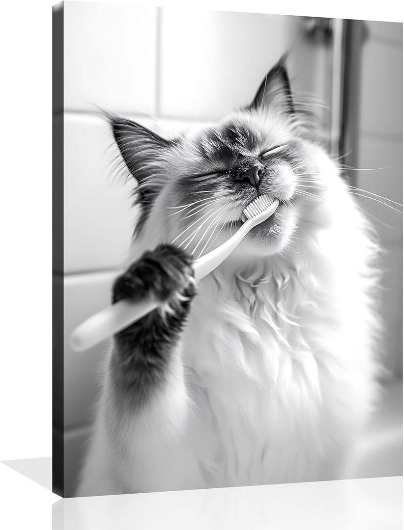 OWNANRTHM Cat Bathroom Canvas Wall Art Funny Animal Bathroom Wall Art Cat Brushing Teeth Bathroom Painting Black and White Animal Bathroom Pictures for Bathroom Restroom Wall Framed Poster 12X16 inch
