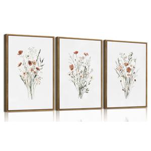 KISSFOX Framed Wildflower Wall Art Floral Canvas Wall Art Flower Pictures Wall Decor Watercolor Daisy Botanical Paintings Set of 3 for Bedroom Bathroom Living Room 16x24